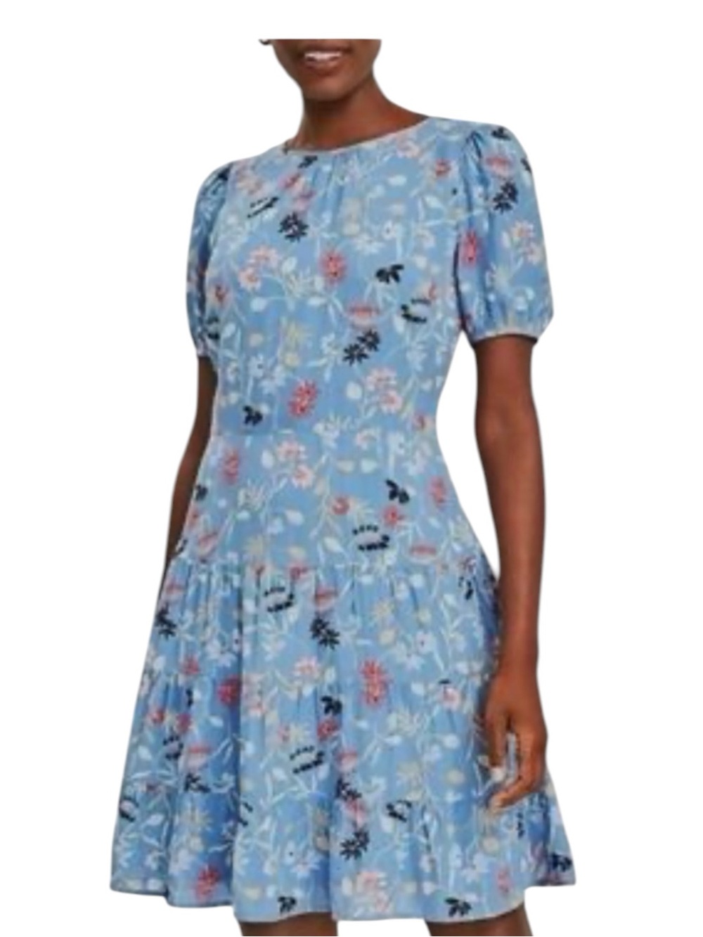 Loft Short Sleeve Blue Floral‎ Print Drop Waist Full Skirt Career Dress SZ 6